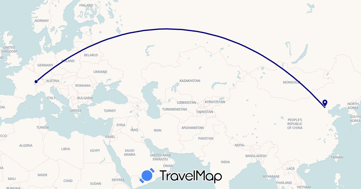 TravelMap itinerary: driving in Switzerland, China (Asia, Europe)